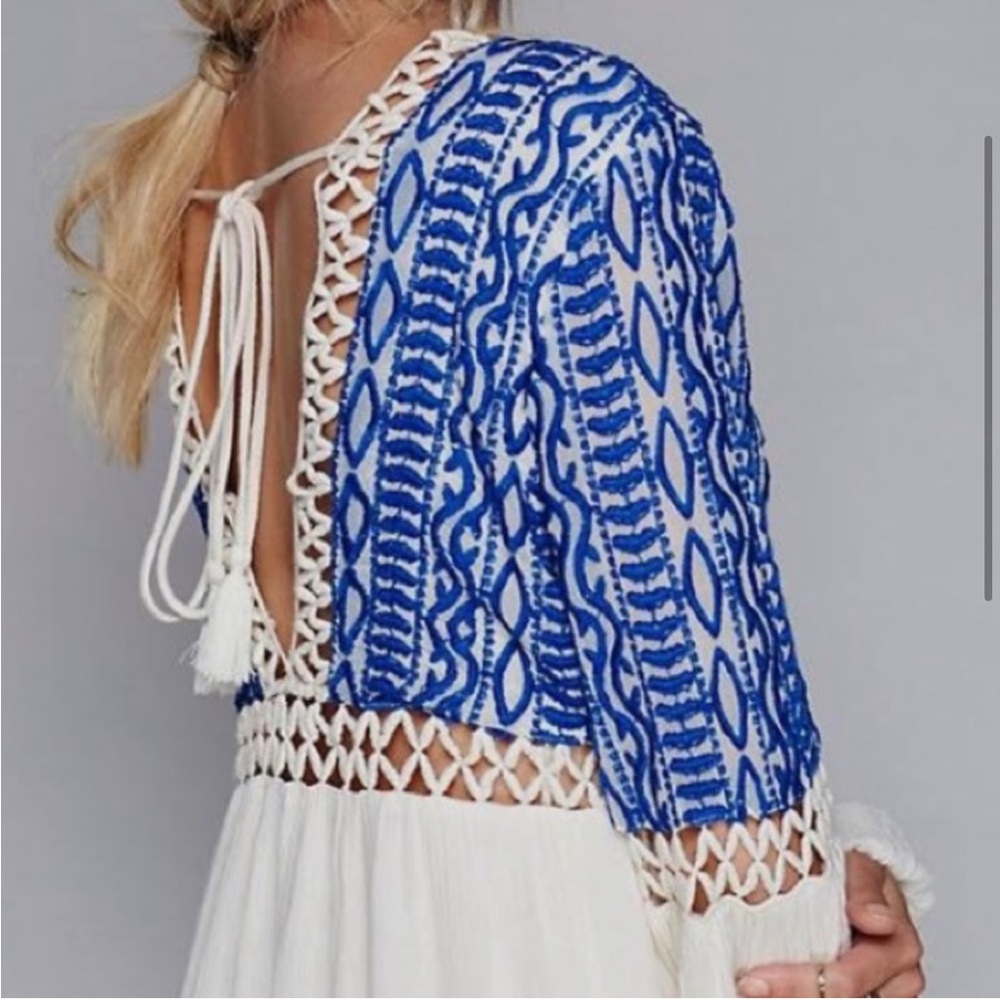 Free People 6 DuskTil Dawn Mini Dress V Neck Boho Open Crochet Embroidered - Picture 3 of 9